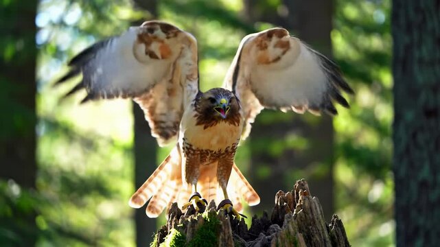 A magnificent red-tailed hawk with detailed leather jesses perches on a mossy tree stump in a golden hour, sun-dappled forest, then gracefully soars. Untamed nature concept