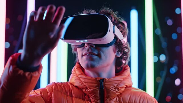 Person wearing VR headset in colorful light perfect for UI/UX design and motion graphics