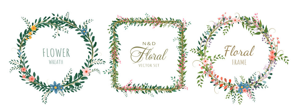 Set of beautiful round and square flower frames, wreaths on a white background. Frames with summer and spring flowers and twigs. Vector EPS 10.