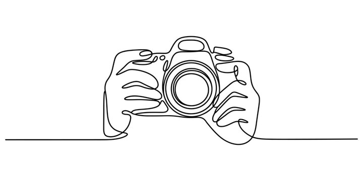 Continuous single line drawing of a person holding a digital camera in their hands for photography and creative hobby concepts Vector, illustration