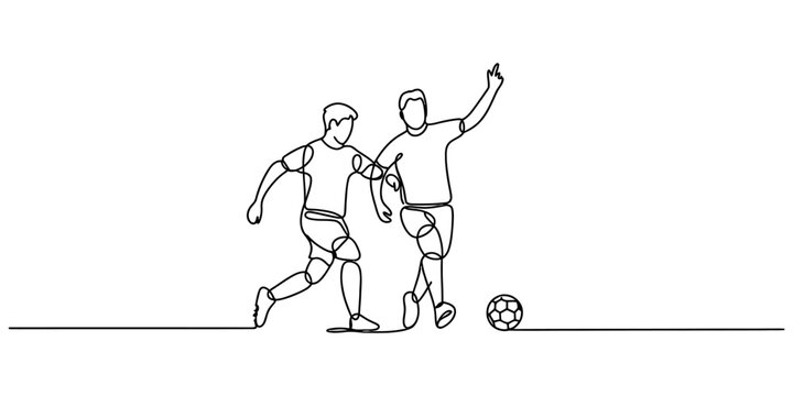 Continuous single line drawing of two soccer players running and competing for the ball during a fast paced football match game Vector, illustration
