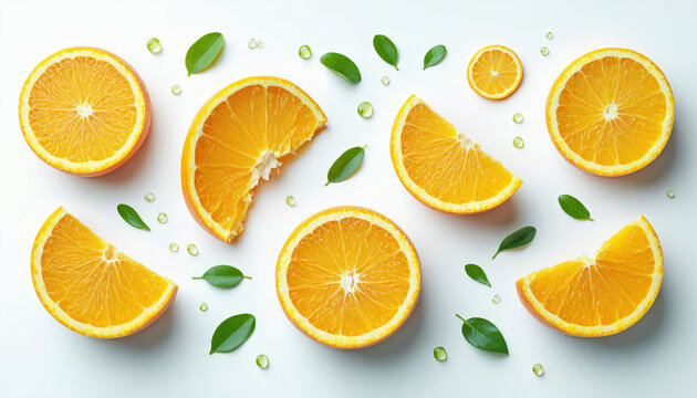 Food-Layout mit Orangenst&uuml;cken Bl&auml;ttern und Wassertropfen
