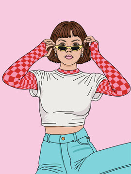 Vector Portrait of a Stylish Futuristic Fashion Young Woman with Trendy Urban Outfit, and Yellow Sunglasses on Pink Background