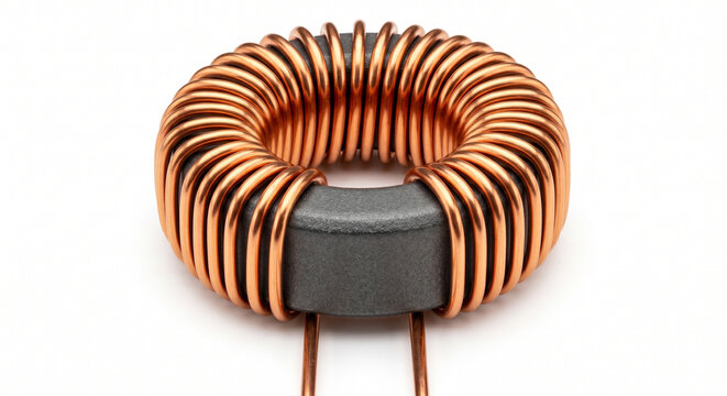 Toroidal inductor coil with copper wire wrapped around a ferrite core, electronic component, macro photography, isolated on white.