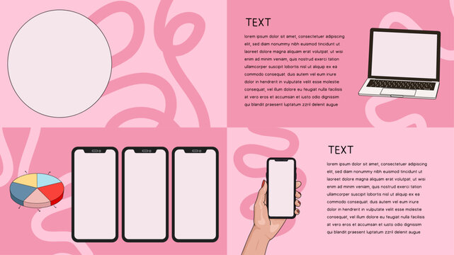 Pink Interactive Illustrated Minimalist Pitch Deck Set with Demographics, Screnshot Mockup, Desktop Laptop and Contact Page with Wavy Background