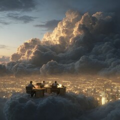 Fototapeta premium Office workers collaborating on floating cloud above city at cinematic dusk