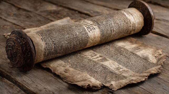 Ancient Parchment Scroll with Hebrew Text on Aged Wooden Background - Historical Torah Manuscript Illustration with Ornate Wooden Rollers for Religious Study, Archaeology, and Biblical History Design