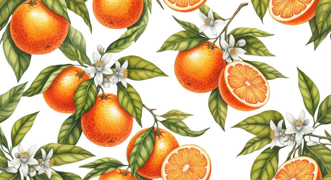 Vibrant oranges and leaves pattern isolated on transparent background