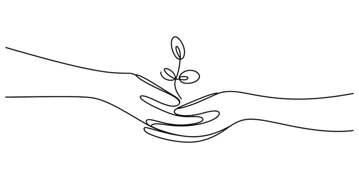 Continuous single line drawing of two hands holding a small green plant sprout representing nature care and environmental growth Vector, illustration