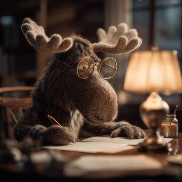 Moose wearing reading glasses reviewing papers with a red pen inside a cozy log cabin lit by warm lamp light
