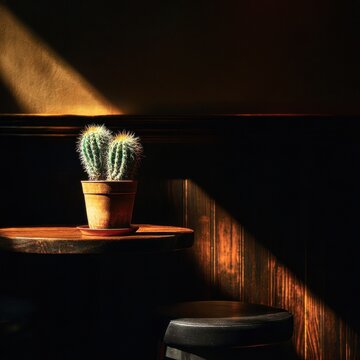 Quirky cactus enjoying a drink at a dimly lit bar in a honky tonk setting