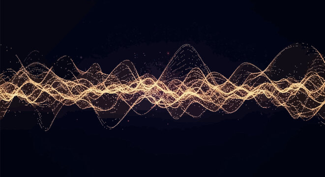 Abstract digital sound wave visualization consisting of glowing golden particles and luminous dots forming overlapping sine curves against a dark black background.