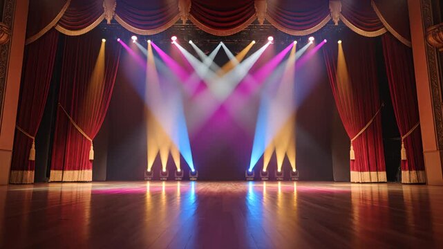 Empty stage with spotlights and red curtains emphasizing modern aesthetics and minimalist design