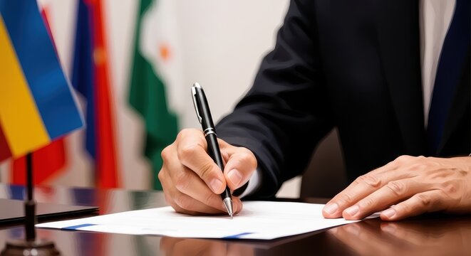 Formal signing ceremony with international flags in background