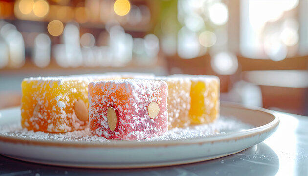 Rahat Lokum cubes on minimalist ceramic plate. Tasty snack. Delicious sweet food. Appetizing dessert. Blurred bright cafe background