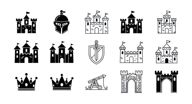 Medieval castle and crown icons illustration