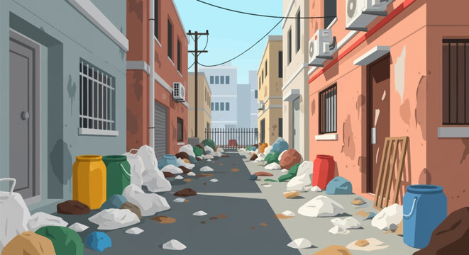 2D vector illustration of a cluttered urban alleyway filled with piles of trash bags and plastic bins between dilapidated multi-story buildings with barred windows and AC units.