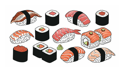 Hand drawn Japanese sushi collection vector illustration with assorted rolls and nigiri organic style © Joni