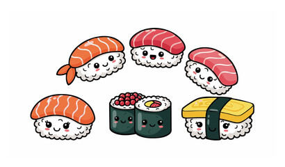 Cute sushi characters vector set with smiling Japanese food cartoon icons isolated on white background © Joni