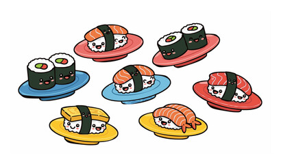 Cute sushi on plates vector set with cartoon Japanese food characters isolated on white background © Joni