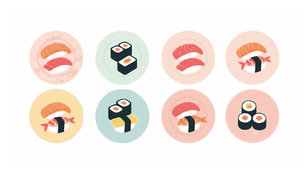 Japanese sushi on plates vector set with assorted nigiri and maki flat design isolated on white