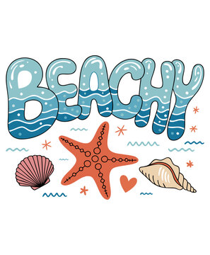 A whimsical beach-themed illustration with the word "BEACHY" in large, textured letters at the top