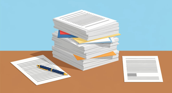 A large stack of white business documents and colored folders on a brown desk with a blue and gold pen and two separate pages, vector illustration with blue background.