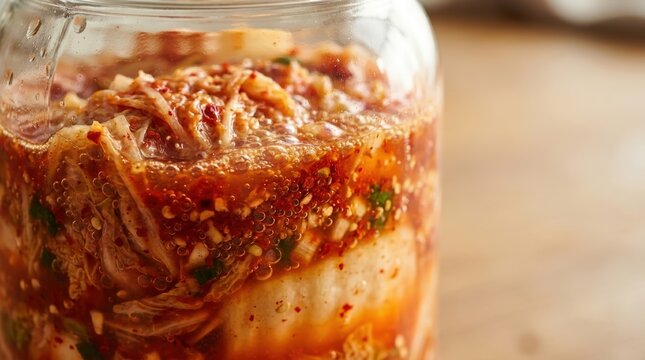 Object only detail bubbling kimchi brine around folded cabbage