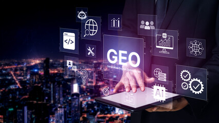 Obraz premium Digital marketing concept featuring GEO strategy, optimizing content for AI search engines and large language models. Evolution of SEO, brand authority, and AI citation visibility. Corpus