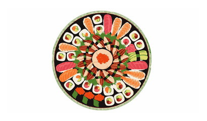 Top view Japanese sushi dish vector illustration with assorted sushi arranged in circular composition © Joni