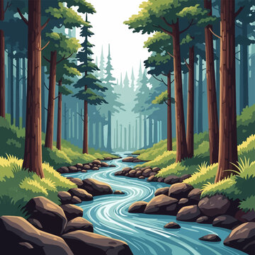 Flat vector illustration of a winding blue stream flowing through a dense forest with tall pine trees, mossy rocks, and green foliage under a soft misty light in a scenic landscape.