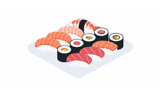 Dish full of Japanese sushi vector illustration with assorted nigiri and maki flat design isolated on white