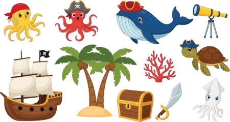 Handdoek met foto Piraten Cartoon pirate treasure island scene illustration Vector  © MDUZZAL