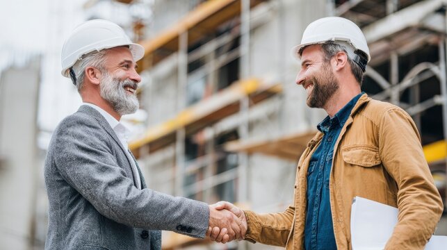 Smiling architect and contractor shaking hands while discussing plans at a construction site.
