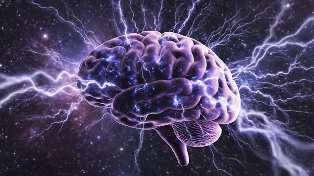 Human brain with electric sparks in space symbolizing digital transformation and future innovation