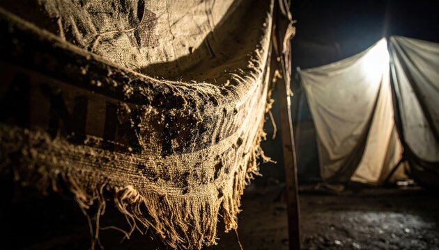 A close up view of a weathered and discolored piece of frayed canvas fabric hanging in a dim environment showing signs of heavy decay and long term exposure to the harsh elements of nature.
