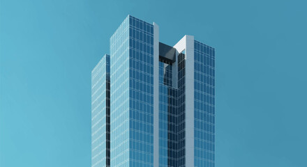 Obraz premium Architectural rendering of a modern high-rise office building featuring blue glass curtain walls and white structural pillars against a solid blue sky, minimalist commercial skyscraper design.