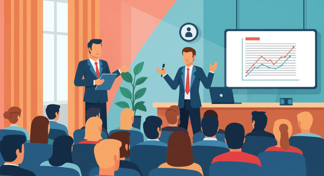 Corporate business presentation with two male speakers showing analytical data charts on a screen to a seated audience in a professional conference room vector illustration.