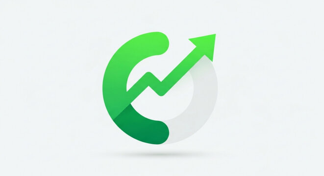 A green and white vector graphic icon featuring a curved arrow with a zigzag line and an upward pointing arrow indicating growth and progress in a modern design style vector