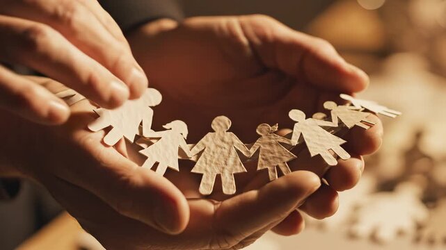 Hands holding paper cutout figures ideal for sleek commercial backgrounds and title sequences