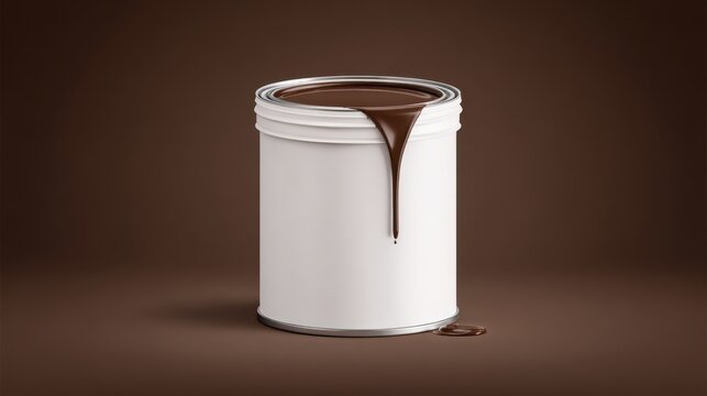 White paint can with brown paint spilling over the edge, set against a dark brown background for a clean and modern aesthetic