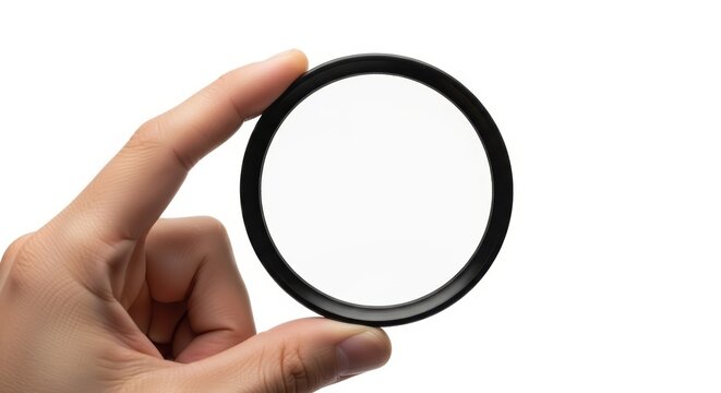 Camera lens filter held by a hand against white background