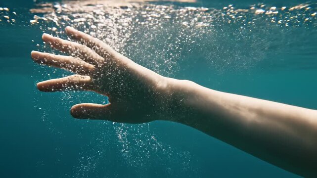 Underwater hand with bubbles for outdoor lifestyle brands and nature documentaries
