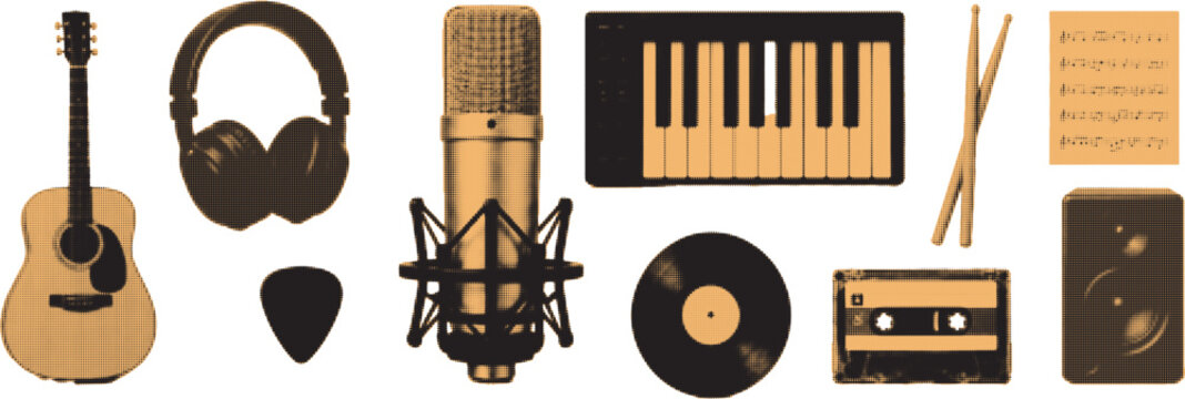 halftone pop art music instruments set with guitar microphone headphones vinyl and audio equipment collection