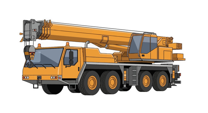 Yellow mobile crane truck illustration with telescopic boom, hook, multi-axle chassis, operator cabin, and heavy-duty wheels, isolated on a white background for industrial use.