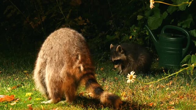 raccoon, Procyon lotor, with offspring searching for food in garden at night 4