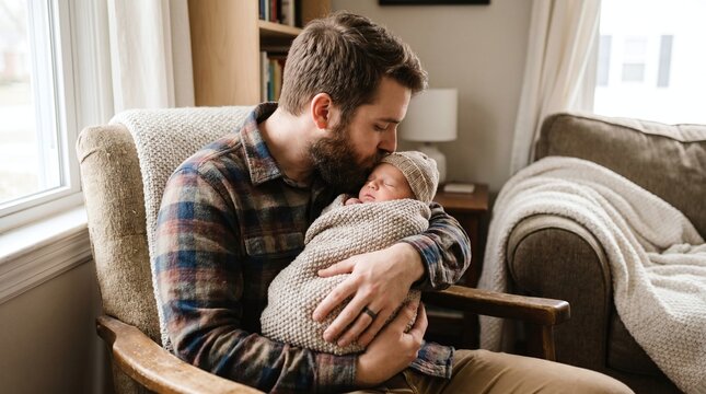 Caring young father sitting in a rustic armchair and gently kissing his sleeping infant's forehead.