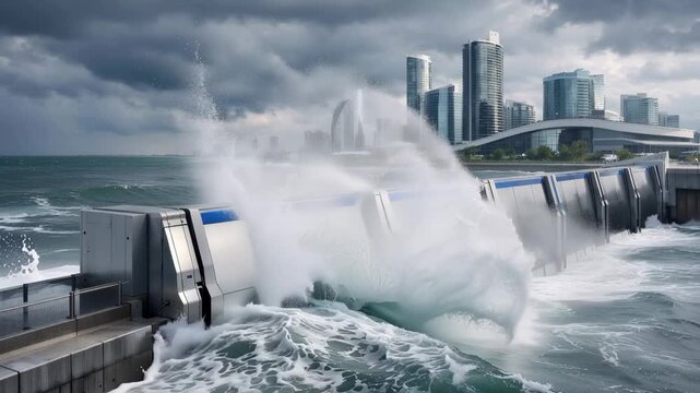 Futuristic flood barrier withstands powerful ocean waves during a severe storm, protecting a coastal metropolis with towering skyscrapers from the devastating effects of rising sea levels