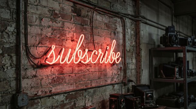 Cursive red neon Subscribe sign glowing on a distressed brick wall with vintage cameras on a metal shelf.