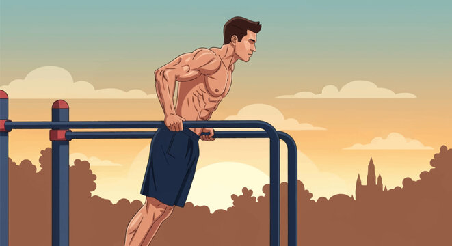 Vector illustration of a shirtless muscular male bodybuilder performing triceps dips on parallel bars in an outdoor park at sunset with defined pectorals and abdominal muscles.